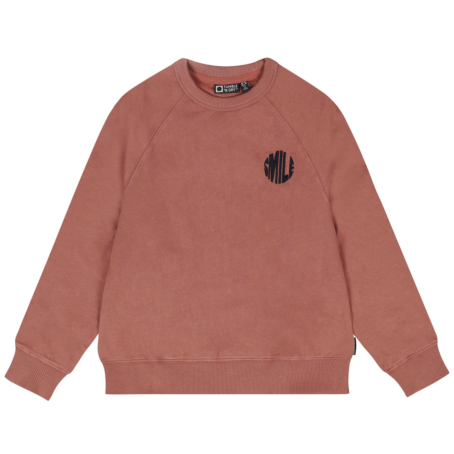 Roestbruine sweater voor jongens met geborduurde SMILE tekst.