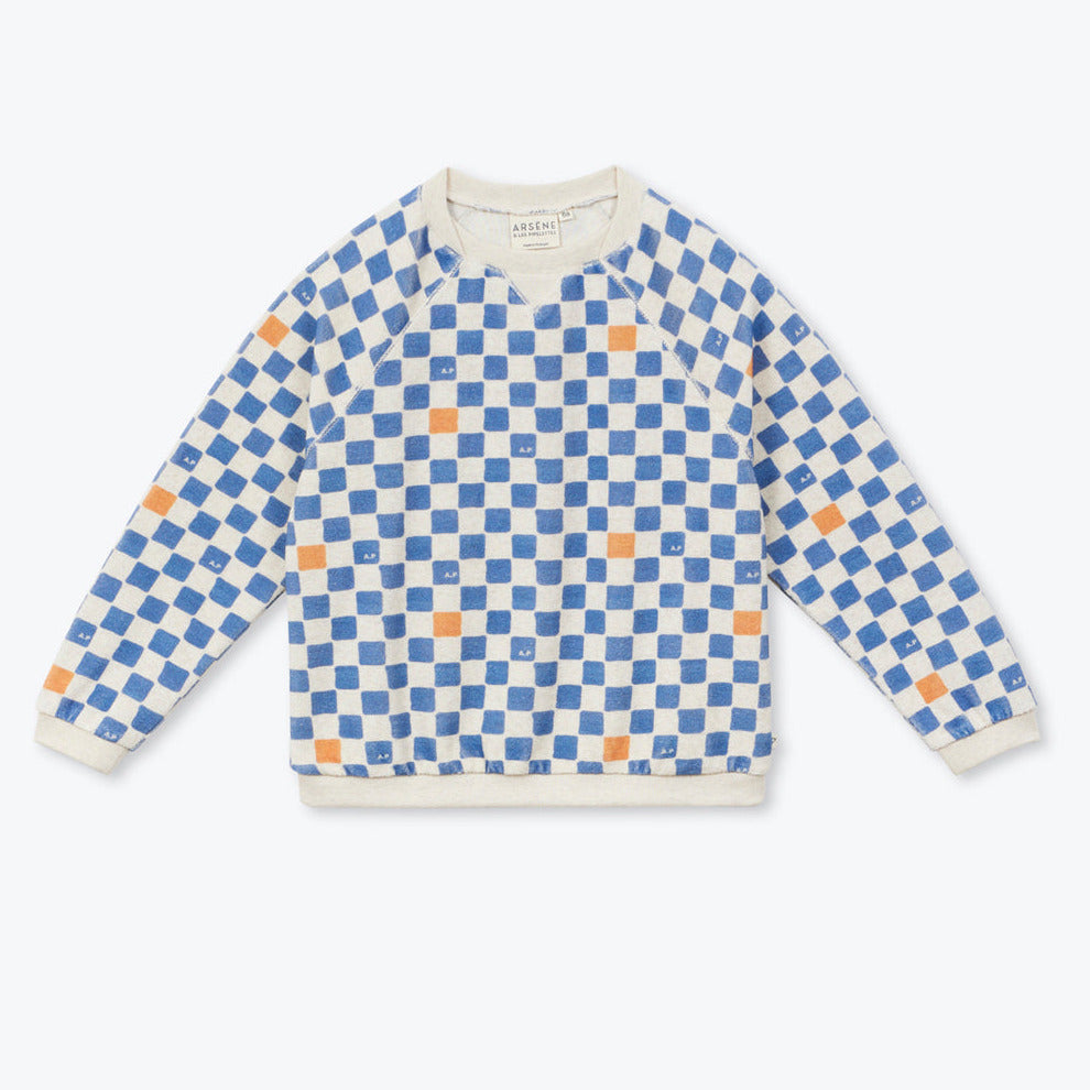 Blauw-ecru-oranje dambord badstof sweater van Arséne & les Pipelettes