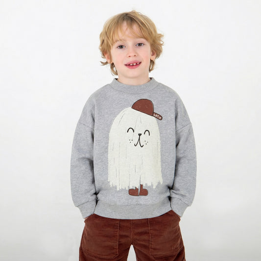 Grey melange kindertrui met speelse monsteropdruk.