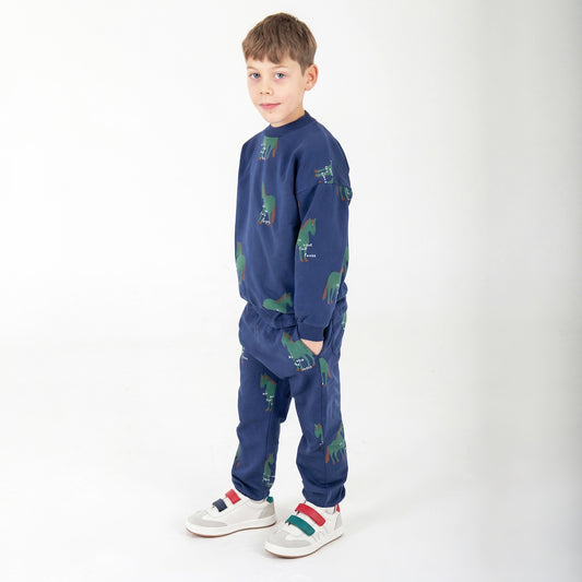 Navy kindertrui met paardenprint voor jongens.
