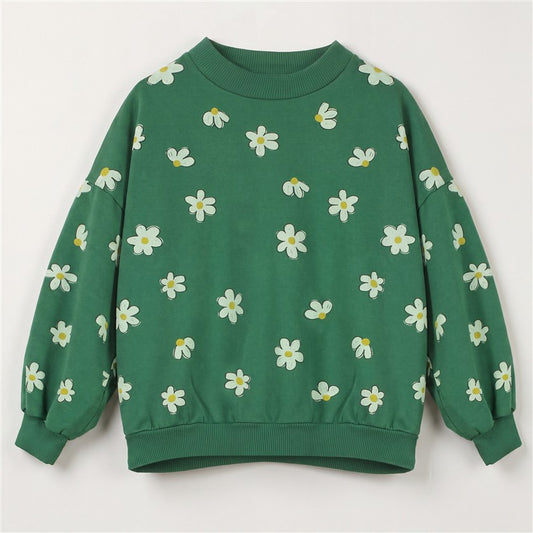 Groene meisjes sweater van Lötiekids met all-over madeliefjesprint.