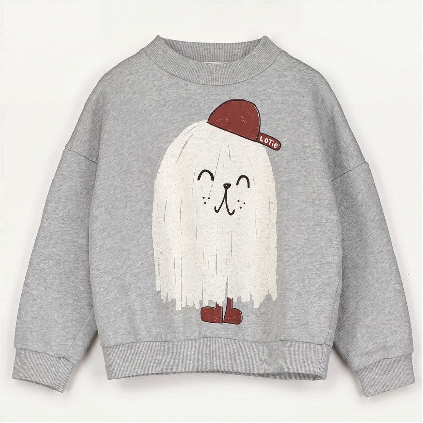 Grijze melange kindersweater van Lötiekids met monsterprint.