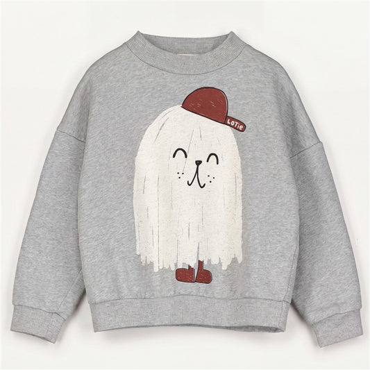 Grijze melange kindersweater van Lötiekids met monsterprint.