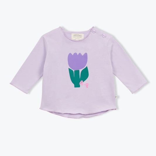 Lila babyshirt met paarse tulp op de voorkant van Arséne et les pipelettes