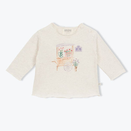 Ecru babyshirt met illustratie van een bloemenkraam op de voorkant van arséne et les pipelettes