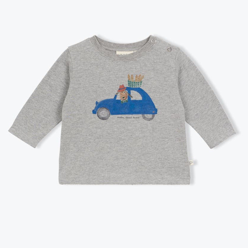 Grijs babyshirt met blauwe auto en hondje als opdruk