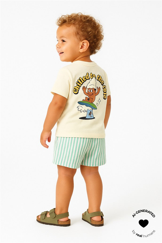 jongen draagt tshirt tab van the new met grote print op de rugzijde