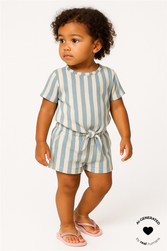 meisje draagt tshirt taliana en short taliana met blauwe streep van the new