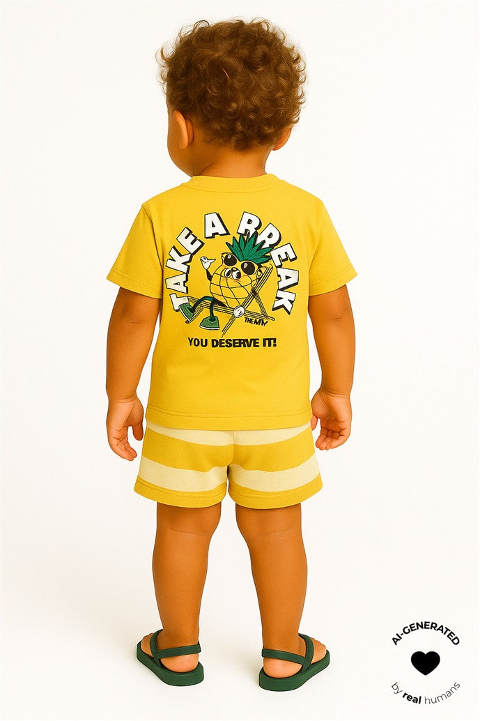 jongen draagt gele tshirt tatum met ananas opdruk van the new achterzijde