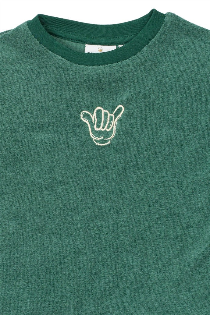 detail geborduurde figuur op groene tshirt terry