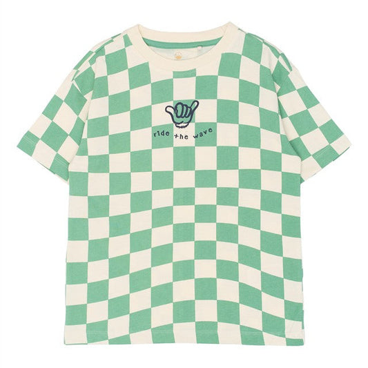 mintgroene tshirt voor kinderen met dambordpatroon van the new