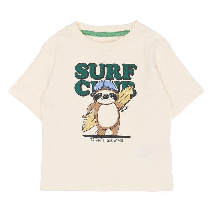 ecru tshirt met opdruk luiaard en surf club van the new