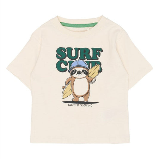 ecru tshirt met opdruk luiaard en surf club van the new