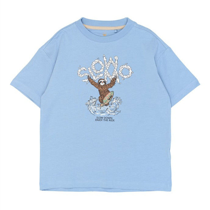 lichtblauwe tshirt voor kinderen met opdruk van luiaard