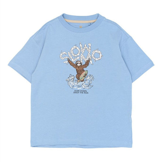 lichtblauwe tshirt voor kinderen met opdruk van luiaard