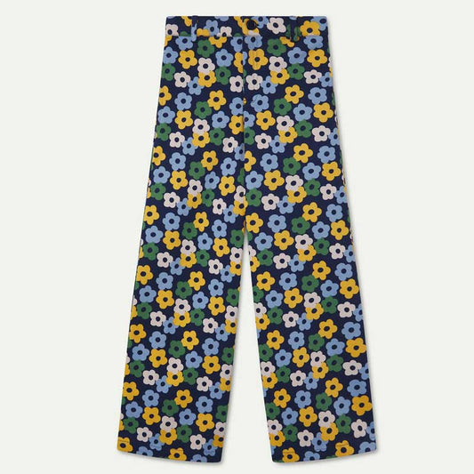 Zwarte denim broek voor kinderen met kleurrijke bloemenprint.