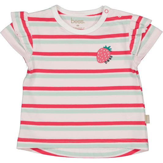 Voorzijde roze groen wit gestreepte tshirt voor baby met ruffles en geborduurde aardbei van BESS