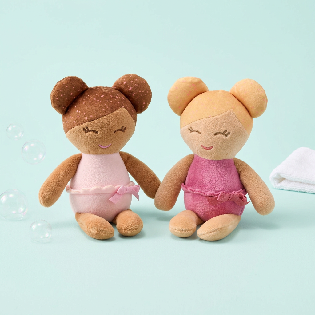 Twee badpopjes samen op een zacht aquakleurige achtergrond met een subtiele hint naar badtijd