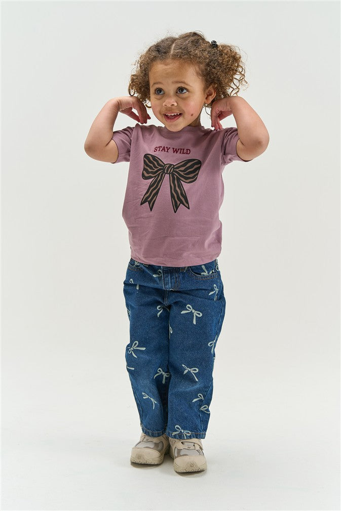 Meisjes T-shirt in Elderberry kleur met dierenprint strik.
