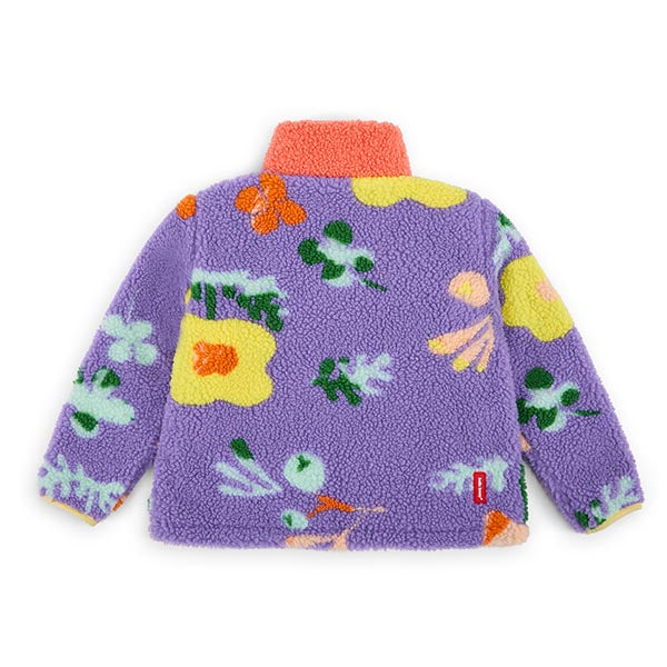 Achterzijde van het lila sherpa fleece vest met bloemenprint voor kinderen.