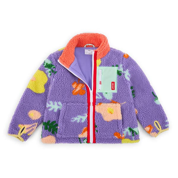 Lila sherpa fleece vest voor kinderen met bloemenprint.
