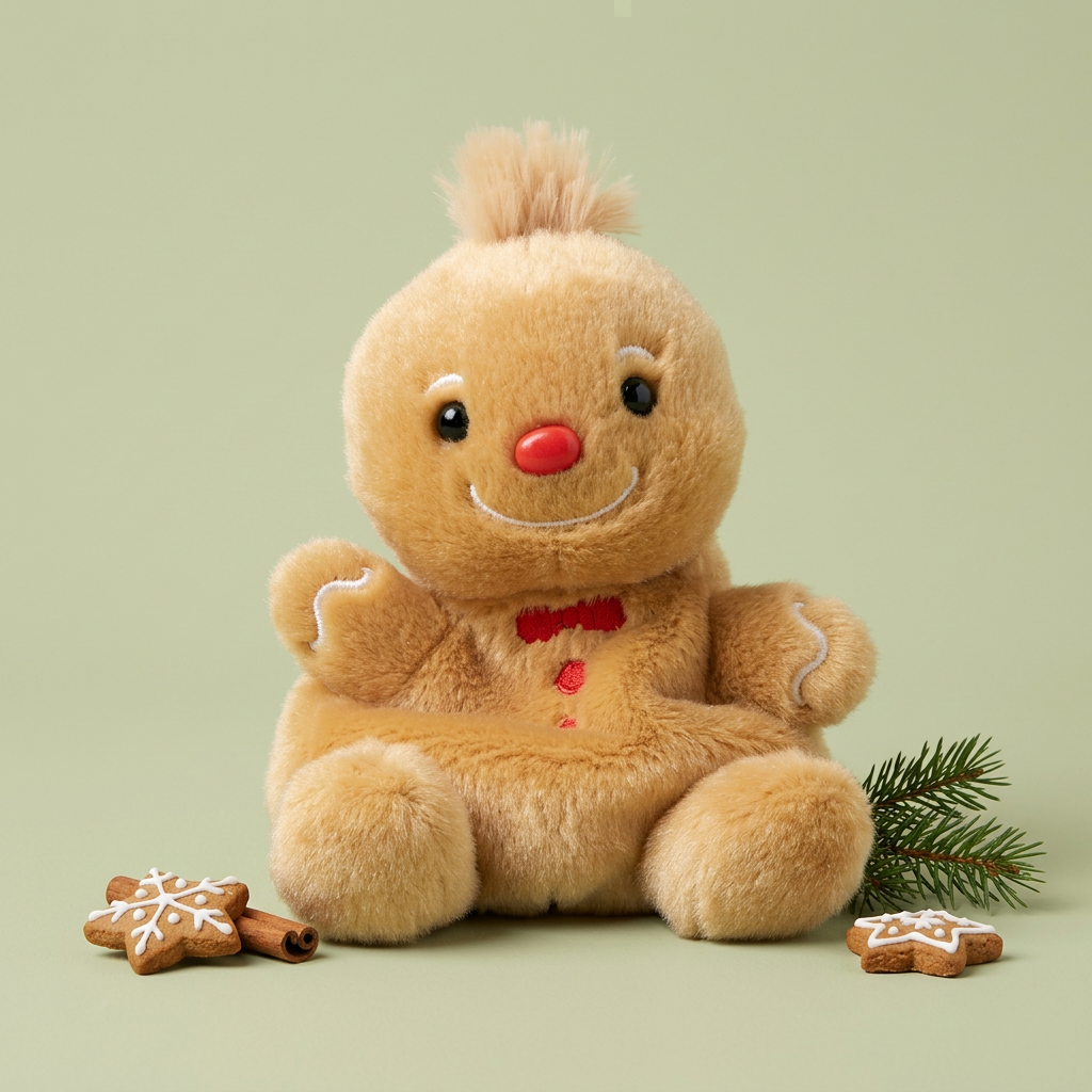 Vierkante studiofoto van Gino Gingerbread Man met gingerbread-decoratie