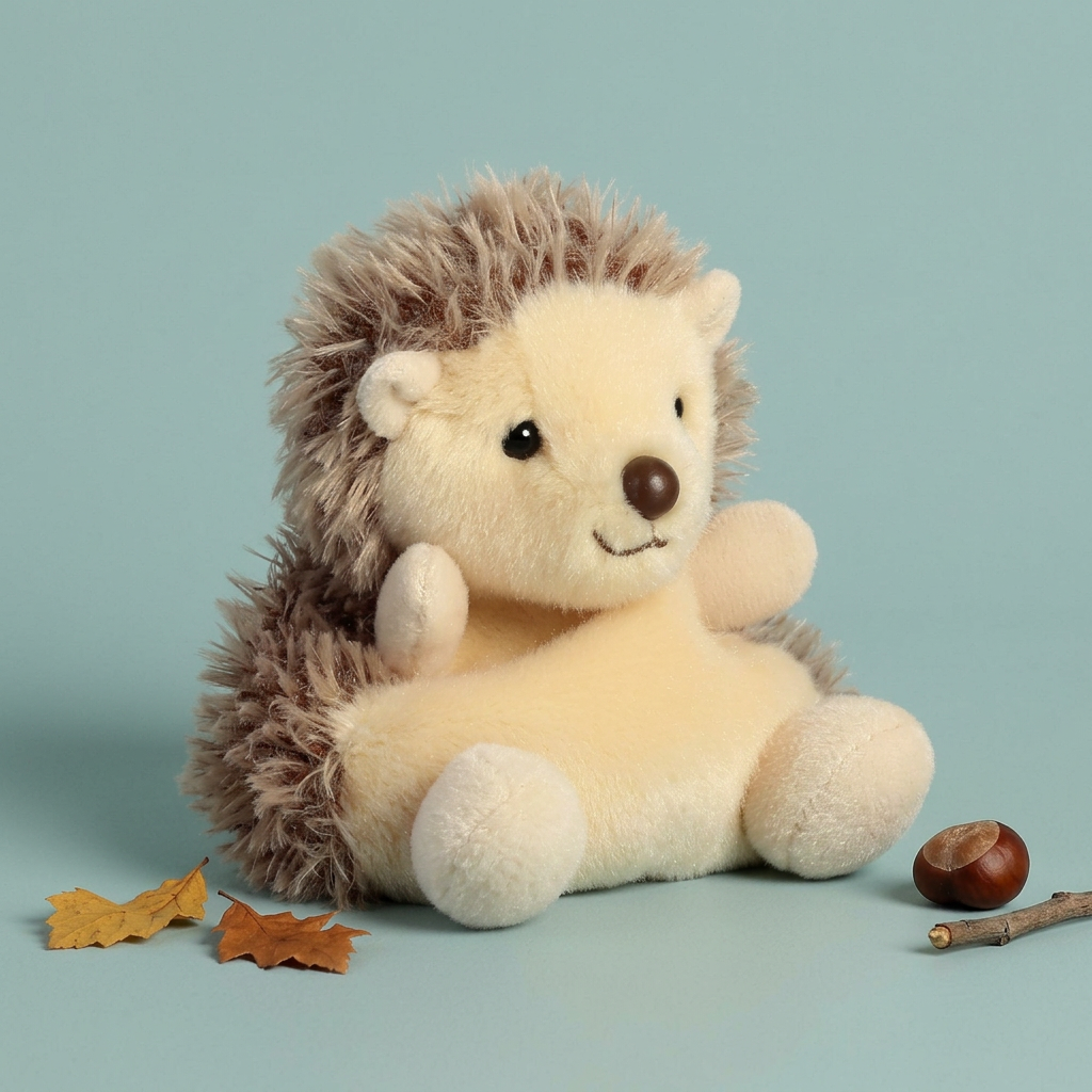 Vierkante studiofoto van Hedgie Hedgehog met herfstbladeren en een kastanje