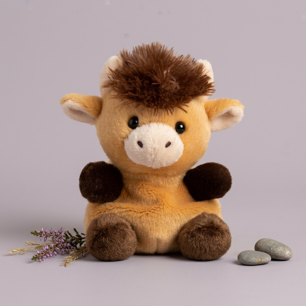 Vierkante studiofoto van Hubert Highland Cow met heide en natuursteentjes
