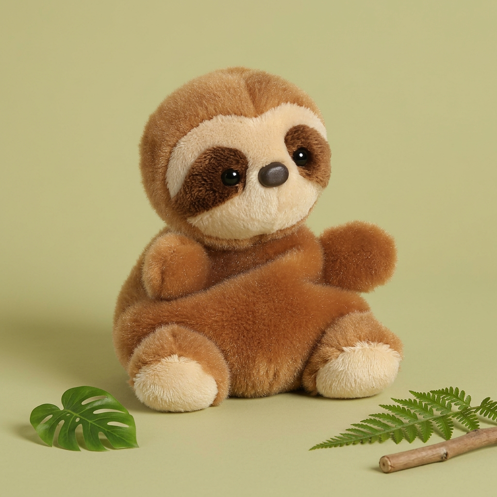 Vierkante studiofoto van Slomo Sloth met junglebladeren