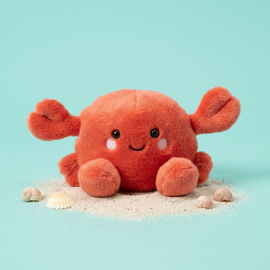 Vierkante studiofoto van Snippy Crab met schelpjes en zand