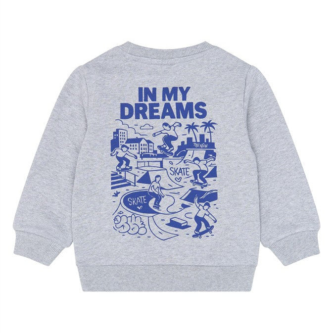 Achterzijde van de lichtgrijze peuter sweater met stoere skate print.