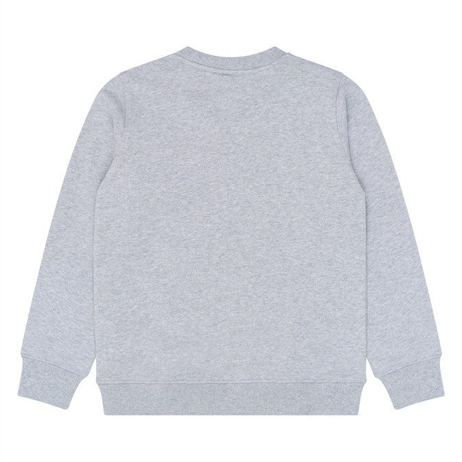 Achterzijde van de lichtgrijze meisjes sweater zonder print.