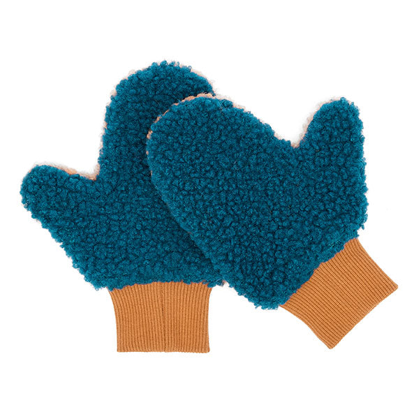 Achterzijde van de teal en bronzen sherpa wanten voor kinderen.