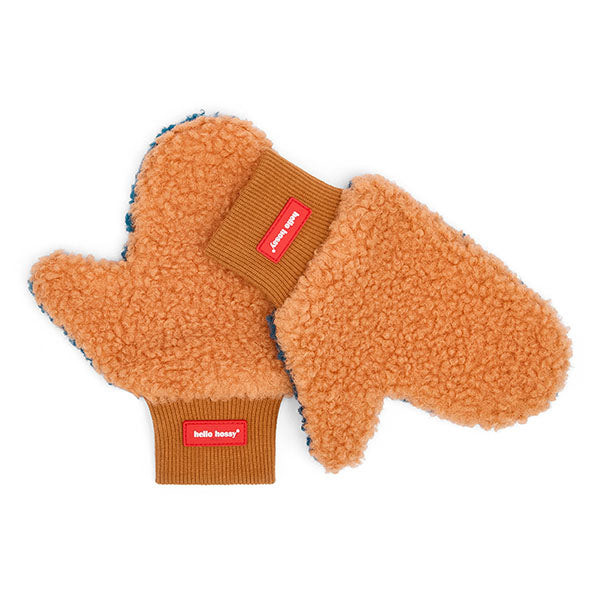 Warme kinderwanten van Hello Hossy in teal en brons.