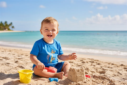 Baby draagt blauwe pyjama met giraf
